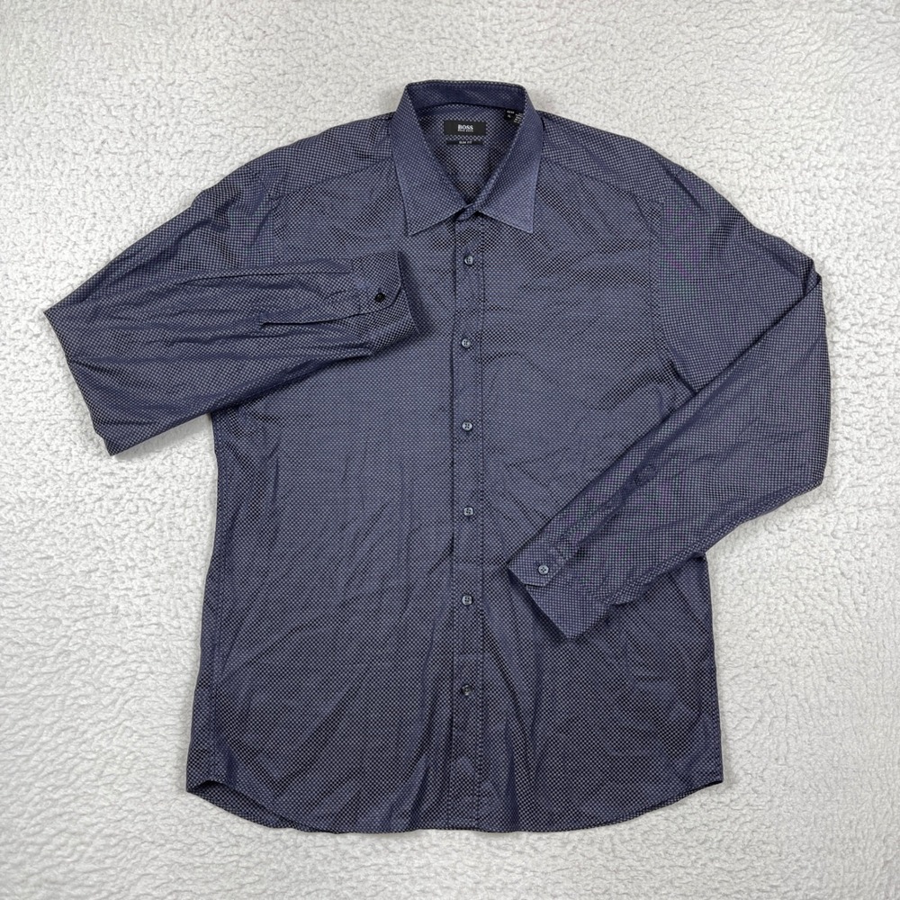 BOSS Button Down Mens XL Navy Blue Slim Fit Micro Check Business Professional